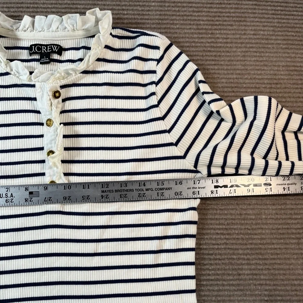 J.Crew Womens Navy White Striped Ruffle Neck Henley Top Gold Buttons Sz Large